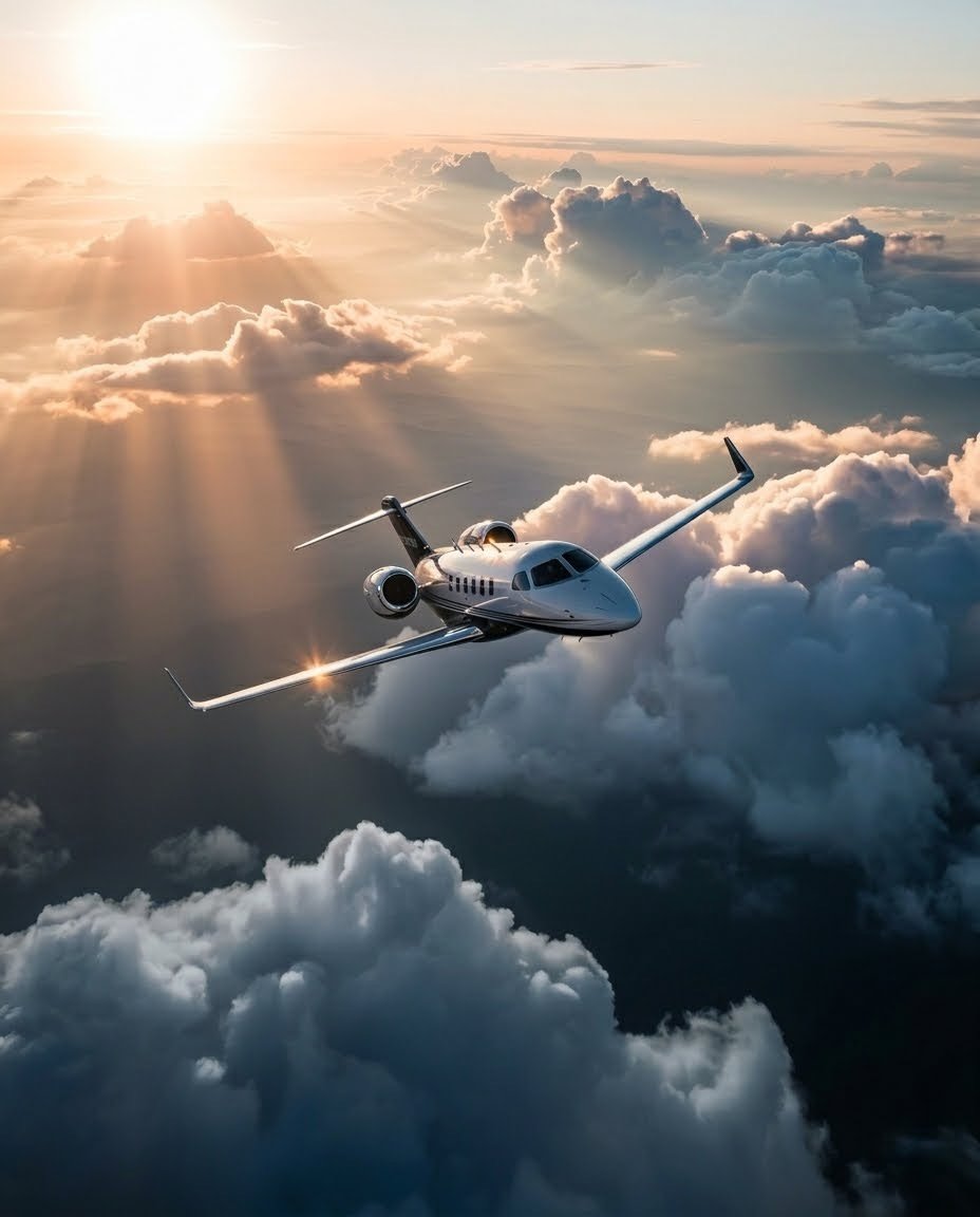 A private jet above the clouds at sunrise
